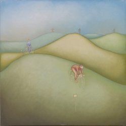 Fietsers in golvend landschap